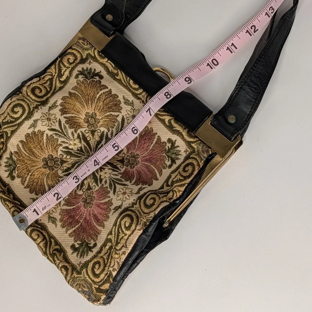 Vintage Made in Germany Floral Tapestry Black Leather Shoulder Bag Handbag Gold